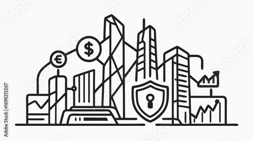 Urban Skyline: A modern illustration depicting a bustling city skyline, interwoven with financial symbols and security measures, signifying the intersection of finance and urban development.