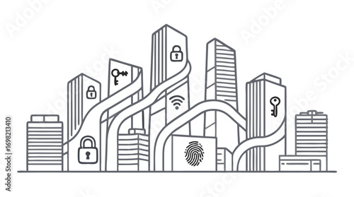 Cyber City Security: A modern cityscape intricately interwoven with digital security elements, including padlocks, keys, fingerprint scanner and wifi symbol, symbolizing a network of protection.