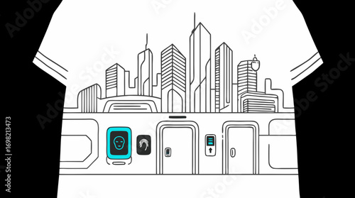 Cityscape Design on T-shirt: A modern and stylized T-shirt design showcases a city skyline with tall buildings, depicting urban life and architectural marvels.