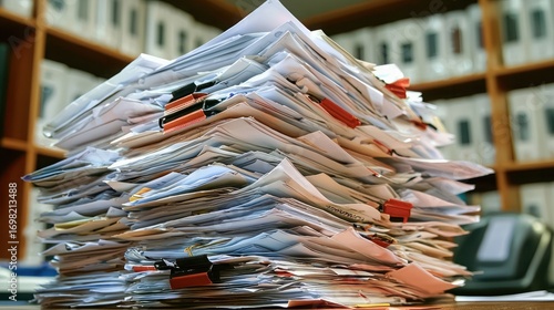 Chaotic Pile of Disorganized Paperwork with File Clips in Office Environment