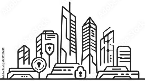 Cyber City Skyline: A sleek, modern skyline illustration, symbolizing the core of digital security in the modern world. Depicting the safeguard of data and urban structures.