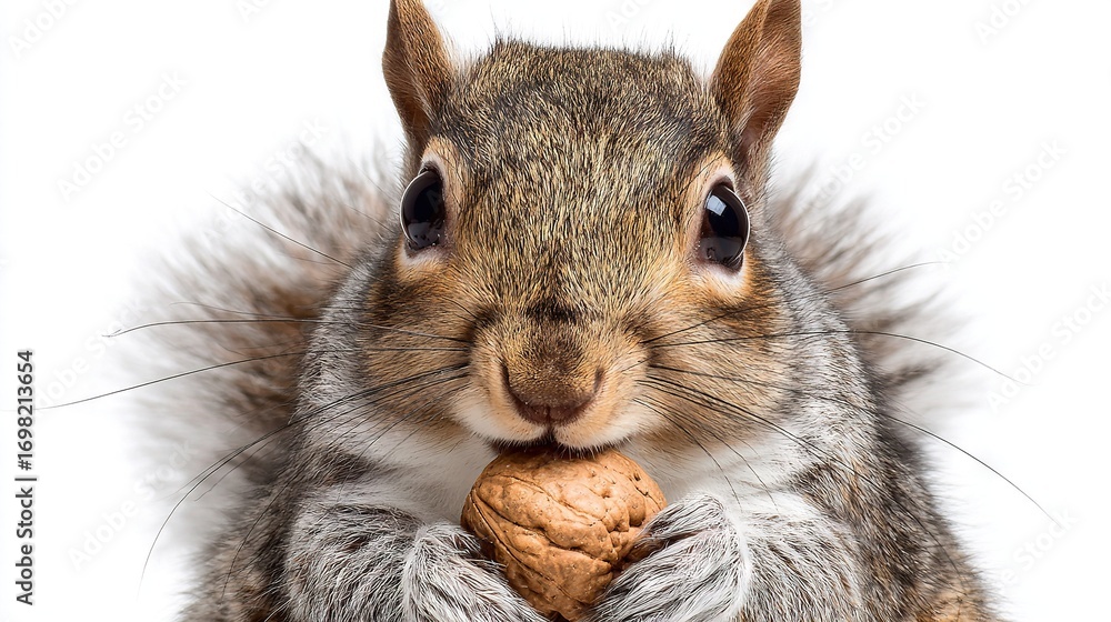 Fototapeta premium Close-up squirrel holding nut with surprise