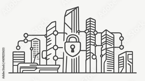 Cybersecurity Cityscape: A digital representation of a cityscape protected by a padlock, symbolizing the crucial role of cybersecurity in a modern digital world. 