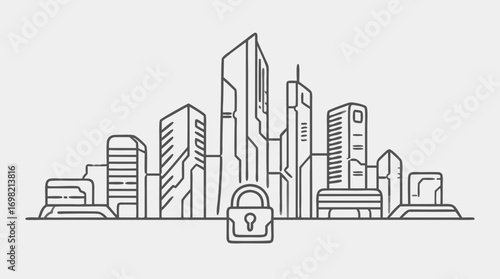 Digital City Security: A stylized cityscape, protected by a central lock. Reflecting the essential need for secure data and infrastructure in the modern world.