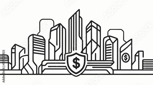 Financial District Security: A sleek, monochromatic illustration captures the essence of a financial district, with a shield representing secure investments.