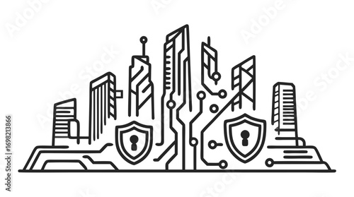 Cybersecurity Cityscape: A digital illustration of a modern cityscape intertwined with circuits and a security shield, embodying the intersection of urban life and digital protection. 