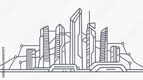 Cityscape of Innovation: A meticulously crafted line art illustration of a modern city skyline, symbolizing innovation and technological advancement. It has a sleek aesthetic.