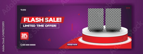 Flash sale announcement featuring two tall wooden speakers on a red and white pedestal with purple background