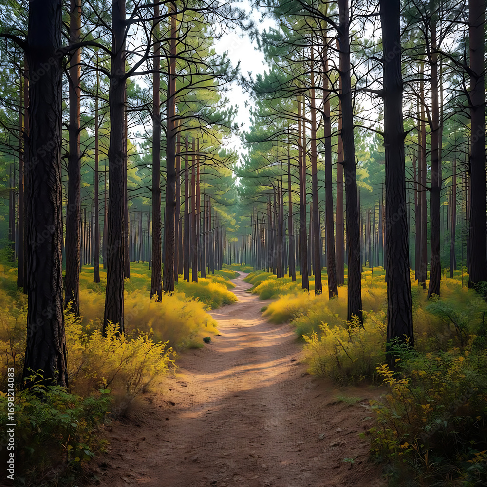 Obraz premium Sunlit forest path winding through tall pine trees with golden undergrowth