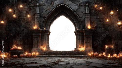 Medieval castle Halloween party flyer with torch-lit stone arch border, isolated on white background