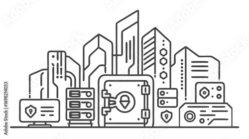 Digital Fortress: An artistic depiction of a secure digital ecosystem, portraying a cityscape of interconnected servers, fortresses, and tech elements safeguarding digital assets with vigilance.