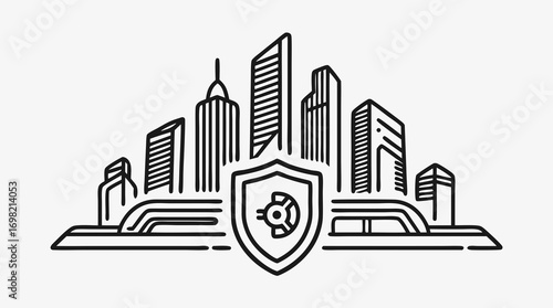 Cityscape Security: A conceptual illustration of a modern cityscape under the protection of a security shield, representing urban safety and technological infrastructure.