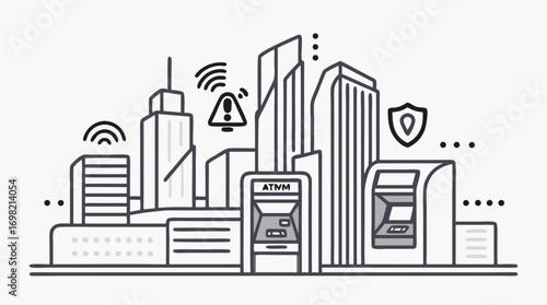 Smart City Security: A modern monochrome illustration of a smart city skyline, emphasizing security, connectivity, and digital transformation.