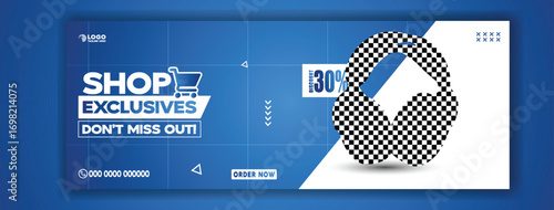 Modern blue and white graphic design advertising shop exclusives with glowing headphones and text