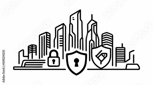 Cybersecurity Shielding City: A digitally illustrated representation of an urban cityscape protected by security shields, emphasizing digital safety and protection against cyber threats.