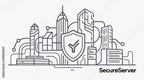 Cyber City Security: A stylized cityscape, safeguarded by a digital shield, represents robust cyber security. The graphic showcases the crucial protection of digital assets.