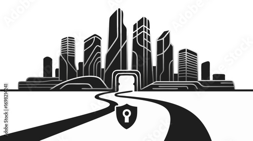 Cyber City Gateway: A futuristic cityscape silhouette, symbolizing the journey through a digital gateway to a secure and technologically advanced urban environment. 