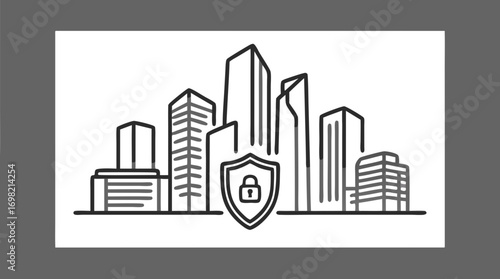 Secure Cityscape: A minimalist line art illustration depicting a cityscape enveloped in a protective shield, symbolizing urban security and technological safety.