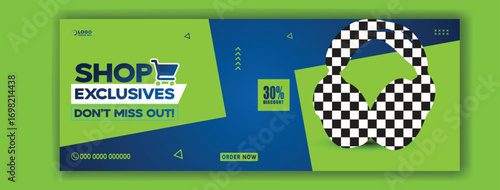 Modern vibrant blue and green advertisement for shop exclusives featuring high tech headphones with glowing accents