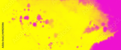 Neon colored urban punk background with halftone texture, paint drops and splashes. Bright pink and yellow colored banner design. Modern grunge background with hand drawn brush strokes.