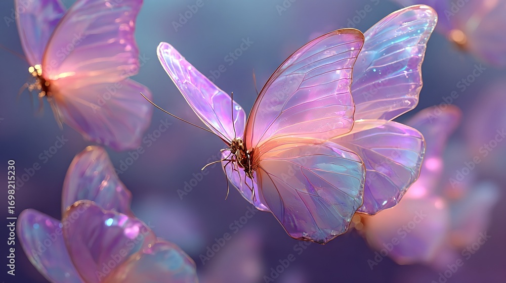 Fototapeta premium Butterfly in flight, surrounded by a group of butterflies against an open sky background