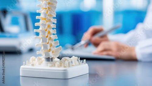 A detailed model of the spine sits on a table in a laboratory setting, with a person in the background working.