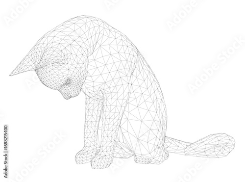 Black and white wireframe cat sitting on a white background, composed of intricate lines and shapes.