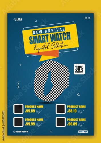 Modern orange smartwatch displaying time and notifications with promotional graphics and price information