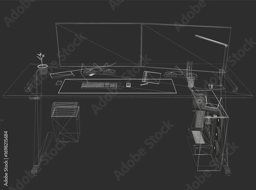 A 3D wireframe computer setup on a desk with monitor, keyboard, mouse, and plant against a black background.