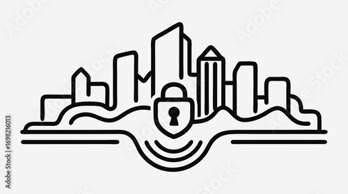 Cyber Secure Cityscape: A sleek, modern graphic represents the essence of urban security with a minimalist skyline design featuring a digital padlock.