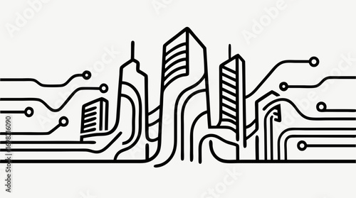 City Skyline of Innovation: Futuristic urban landscape with interconnected circuits representing the dynamic pulse of innovation and technological advancement.