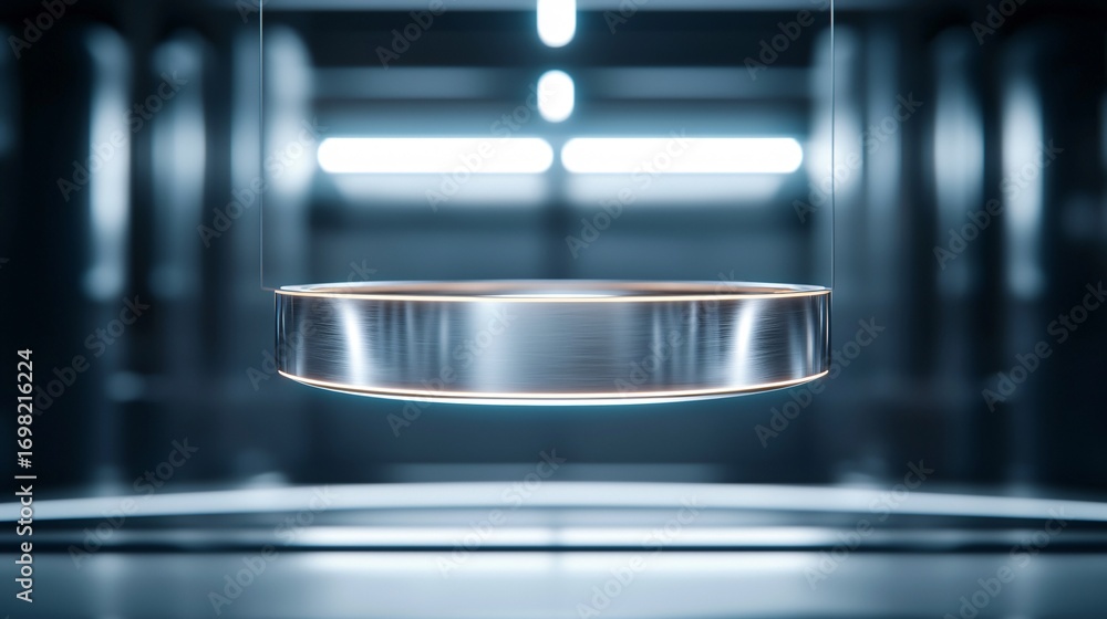 Obraz premium Low angle cinematic shot of superconducting cryogenic chamber suspended by metallic frame.