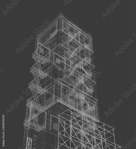 A 3D wireframe building model with scaffolding, intricate windows, balconies, and a staircase, set against a dark background