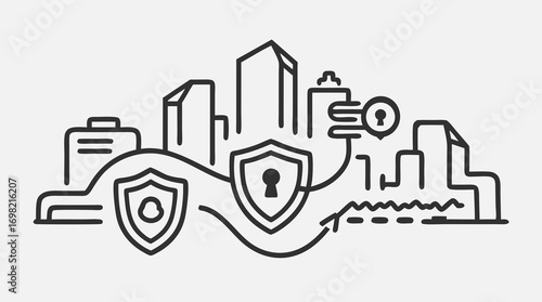 Digital Fortress: Modern metropolis shielded by robust digital defenses, showcasing the essence of secure urban infrastructure, symbolized by iconic shield icons