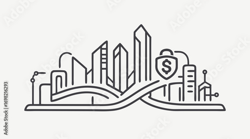 Secure City Skyline: A modern urban cityscape is protected by a digital shield, with a prominent secure financial icon, symbolizes security and technological advancement.