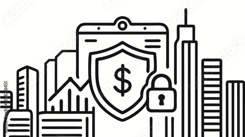 Financial Protection in Metropolis: A conceptual illustration depicting the safeguarding of assets in the urban financial district, combining symbols of security, market data, and the cityscape.