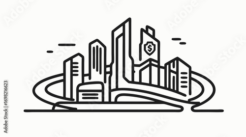 Modern City Skyline: A minimalist monochrome vector illustration of a contemporary cityscape, showcasing architectural precision and geometric design with sleek lines and dynamic forms.