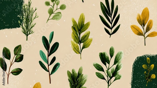   A variety of leaf shapes on a white background, adorned with green and yellow accents in the center of the photo
