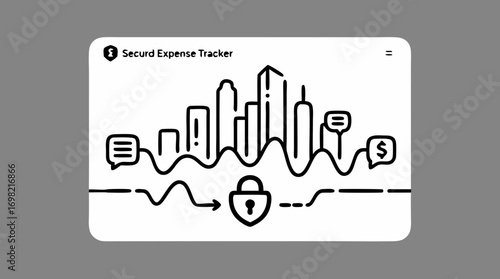 Secure Expense Tracker Concept: A modern graphic showcasing a financial cityscape protected by a lock, symbolizing secure expense tracking