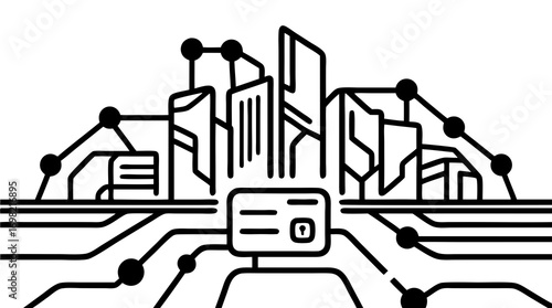Digital Cityscape: A modern vector graphic depicts a stylized city skyline interwoven with digital circuit lines, illustrating the seamless integration of technology and urban landscape. 