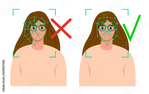 Verification ID is right vs wrong of Verification ID using system of face recognition and personal ID. The concept is take a photo by holding their own ID to get verified. Vector illustration.