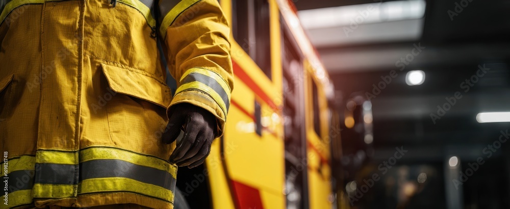 Obraz premium The Firefighter in Yellow Turnout Gear Standing Beside a Fire Engine Inside Station