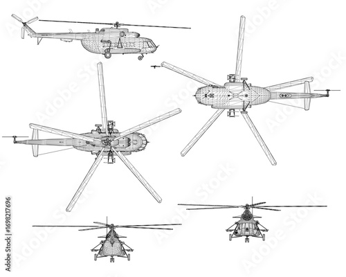 Set Helicopter blueprint in detailed wireframe 3D model on white background. 3D. Vector illustration