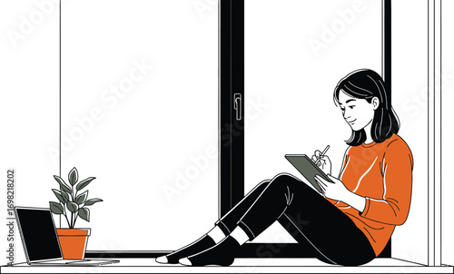 Creative woman drawing on tablet while sitting by window with laptop