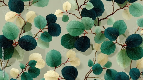   Close-up of a wall with green and white leaves and branches against a light gray wallpaper background