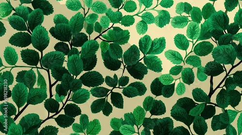   A zoomed-in view of a green leafy design on a white wallpaper featuring green foliage against a beige backdrop
