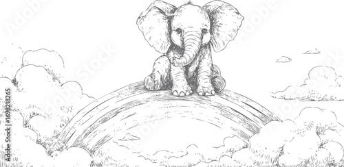 Elephant vector sketch hand drawn line art in outline, baby elephant sitting on rainbow among — stock vector