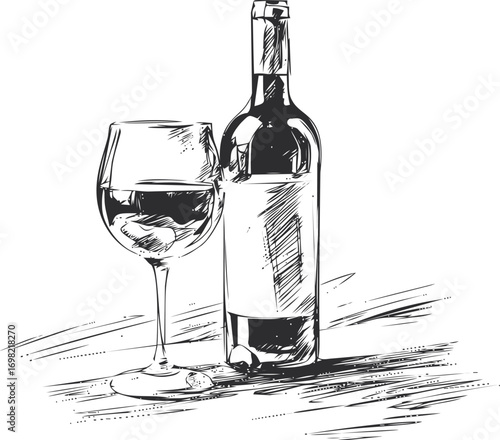 Wine vector sketch hand drawn line art in restaurant, wine bottle and glass in vintage — stock vector