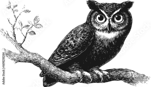Owl vector sketch hand drawn line art in nature, vintage owl perched on branch, detailed — stock vector