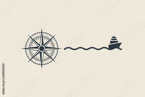 A compass rose pointing towards a ship sailing on wavy water against a light beige background design